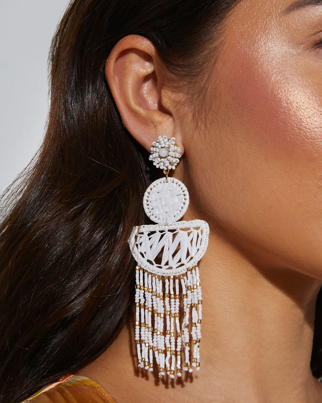 white % Arabia Beaded Tassel Earrings-2